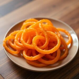 Crispy orange jalebi swirls on a plate
